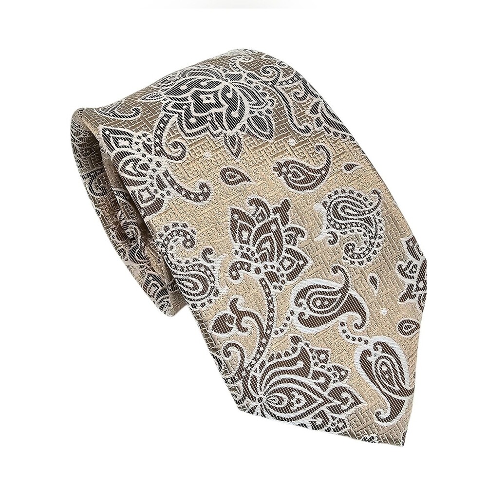 PAUL FREDRICK Men's Tan Brown Paisley Silk Tie Old Money Designer